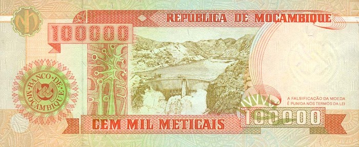 Back of Mozambique p139: 100000 Meticas from 1993