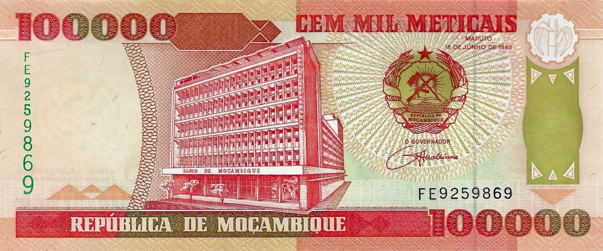 Front of Mozambique p139: 100000 Meticas from 1993