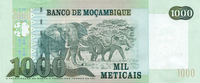 Back of Mozambique p148a: 1000 Meticas from 2006