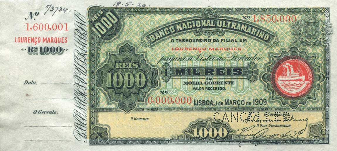 Front of Mozambique p33s: 1000 Reis from 1909