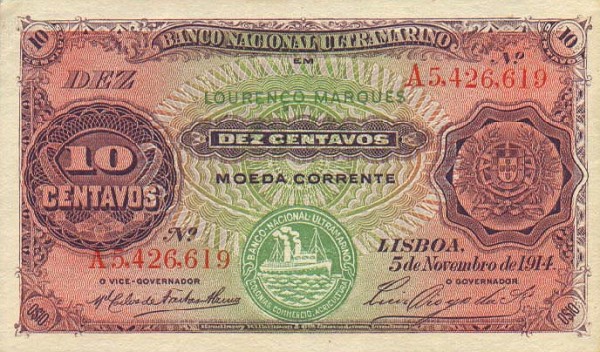 Front of Mozambique p59: 10 Centavos from 1914