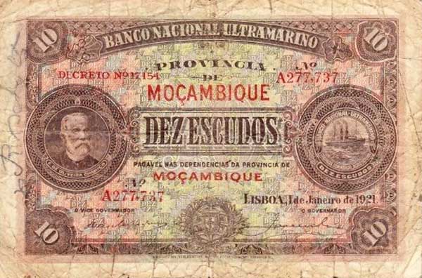 Front of Mozambique p69a: 10 Escudos from 1921