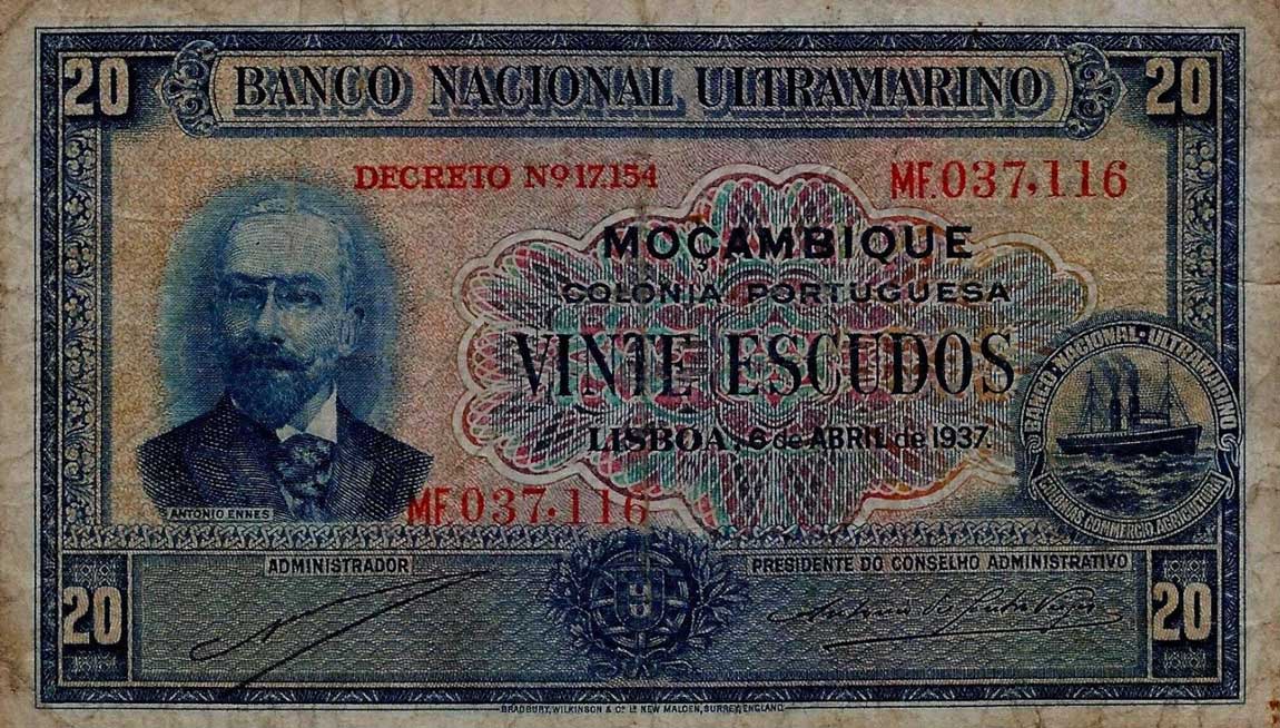 Front of Mozambique p74a: 20 Escudos from 1937