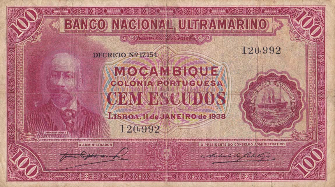 Front of Mozambique p76a: 100 Escudos from 1938