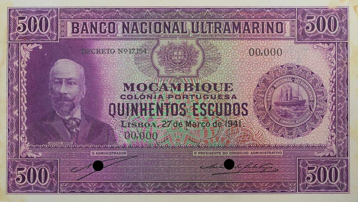 Front of Mozambique p87s: 500 Escudos from 1941