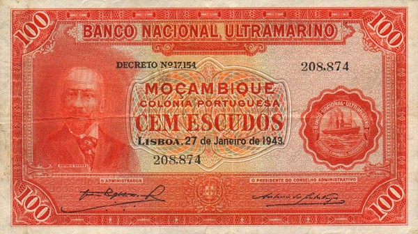 Front of Mozambique p91a: 100 Escudos from 1943