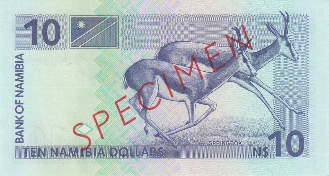 Back of Namibia p1s: 10 Namibia Dollars from 1993