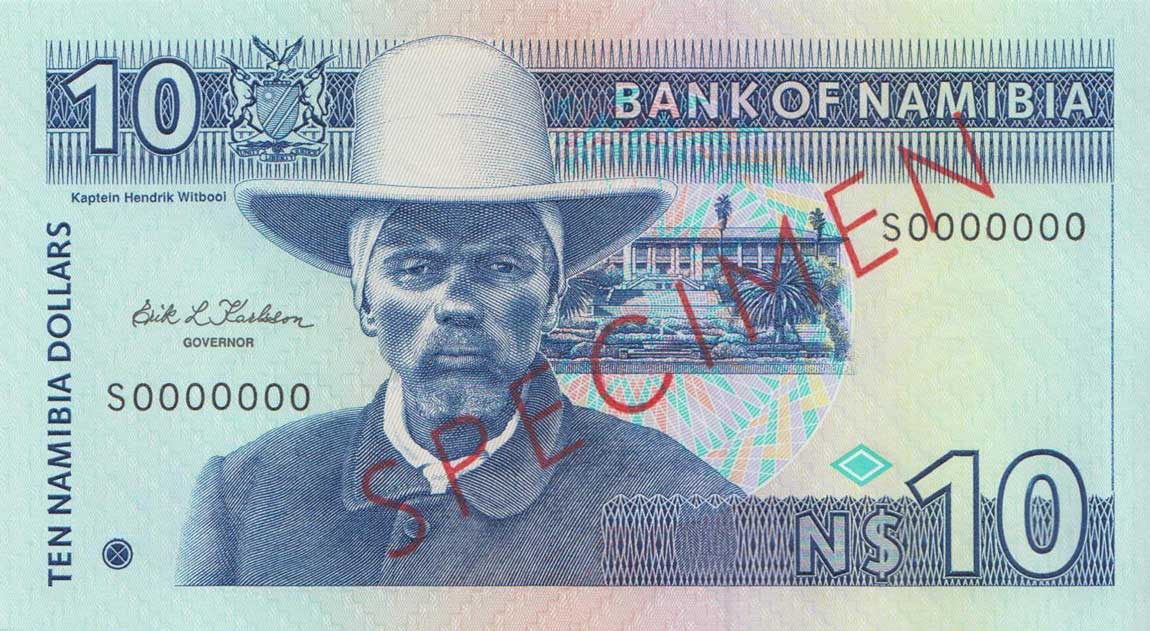 Front of Namibia p1s: 10 Namibia Dollars from 1993