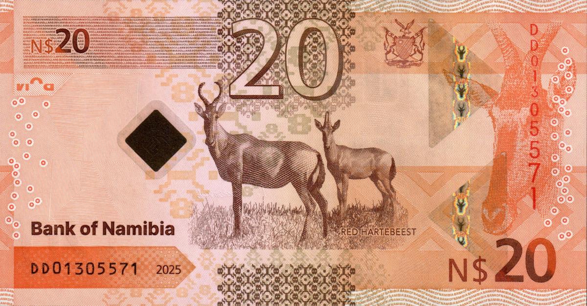 Back of Namibia p21: 20 Namibia Dollars from 2025