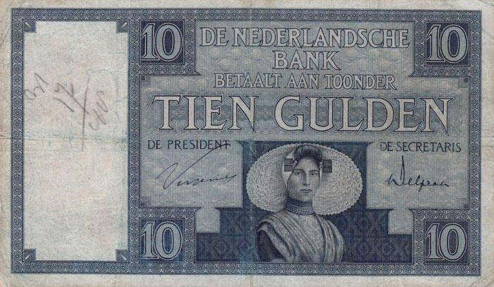 Front of Netherlands p43c: 10 Gulden from 1930