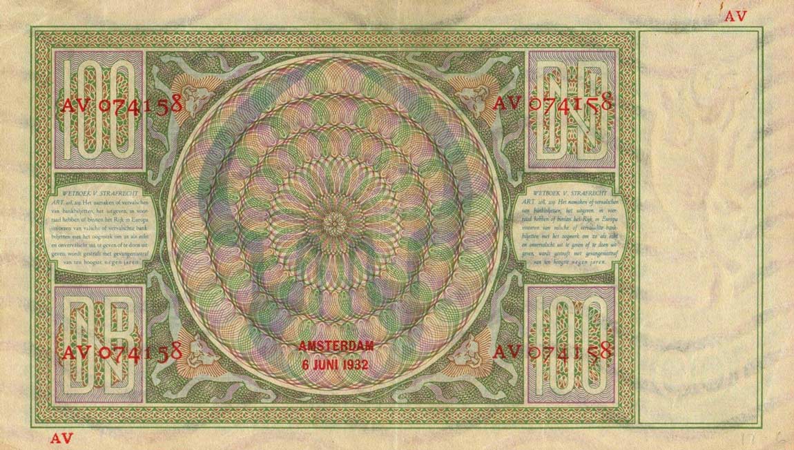 Back of Netherlands p51a: 100 Gulden from 1930