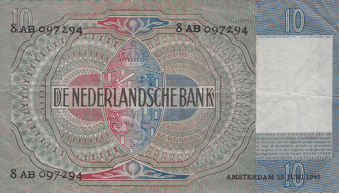Back of Netherlands p53: 10 Gulden from 1940