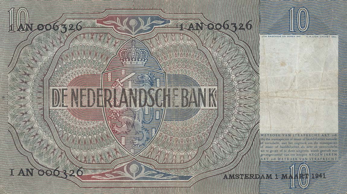 Back of Netherlands p56a: 10 Gulden from 1940