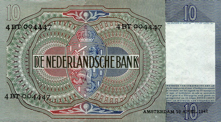 Back of Netherlands p56b: 10 Gulden from 1941