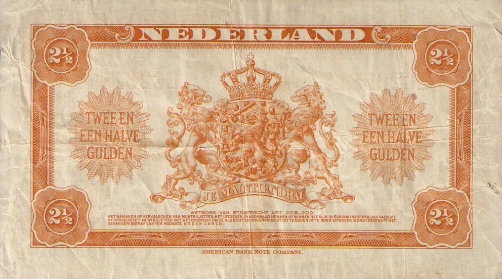 Back of Netherlands p65a: 2.5 Gulden from 1943