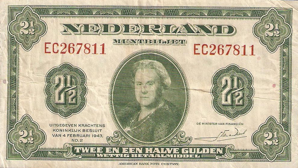 Front of Netherlands p65a: 2.5 Gulden from 1943