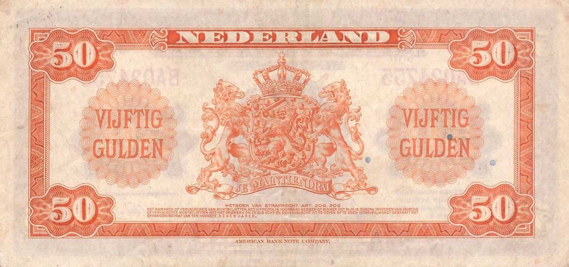 Back of Netherlands p68a: 50 Gulden from 1943