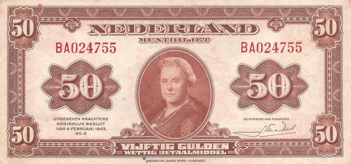 Front of Netherlands p68a: 50 Gulden from 1943