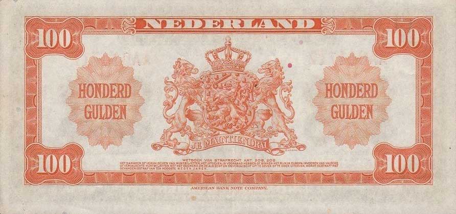 Back of Netherlands p69a: 100 Gulden from 1943