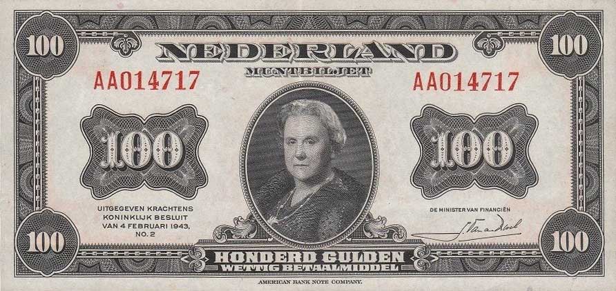 Front of Netherlands p69a: 100 Gulden from 1943