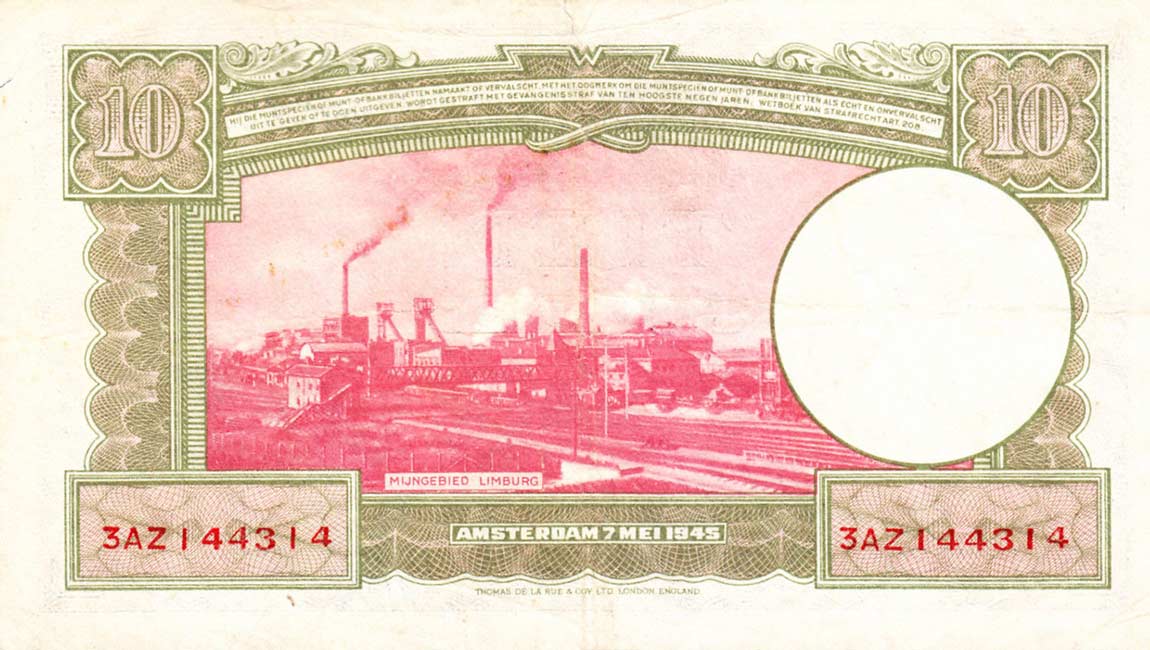 Back of Netherlands p75b: 10 Gulden from 1945