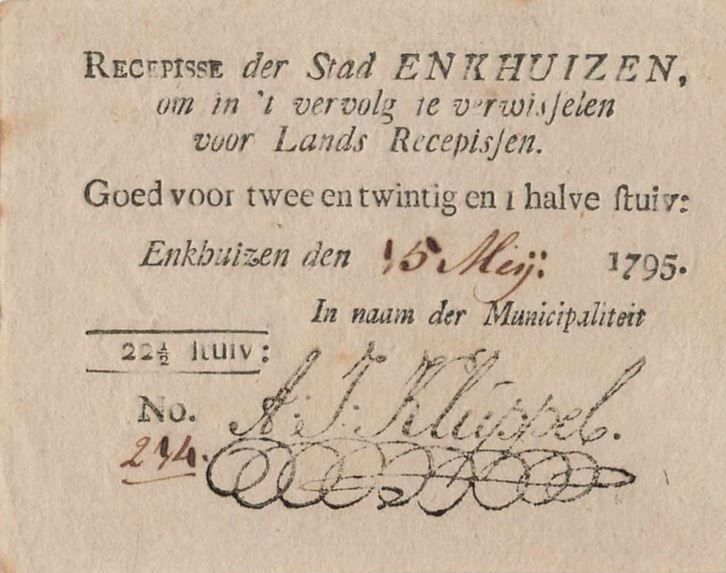 Front of Netherlands pB42: 22.5 Stuiver from 1795