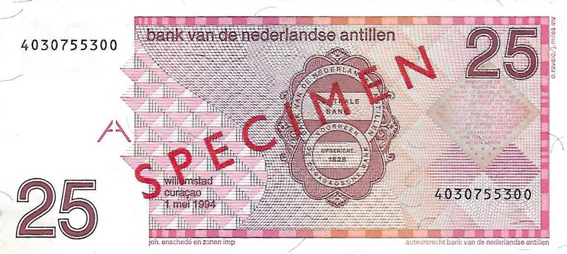 Back of Netherlands Antilles p24s: 25 Gulden from 1986