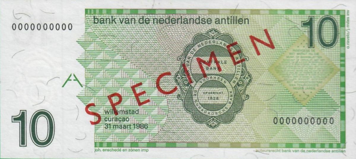Back of Netherlands Antilles p23s: 10 Gulden from 1986