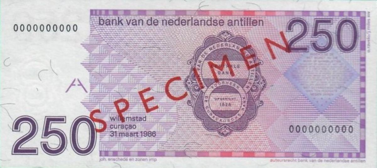 Back of Netherlands Antilles p27s: 250 Gulden from 1986