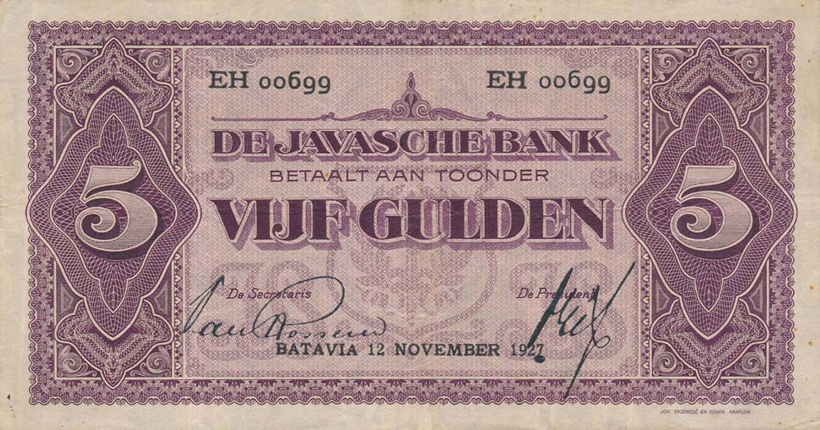 Front of Netherlands Indies p69a: 5 Gulden from 1926