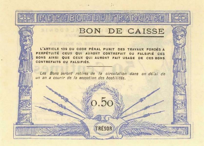 Back of New Caledonia p33b: 0.5 Franc from 1918