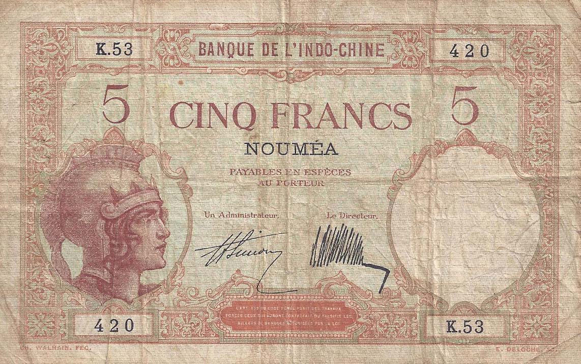 Front of New Caledonia p36a: 5 Francs from 1926