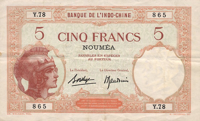 Front of New Caledonia p36b: 5 Francs from 1926
