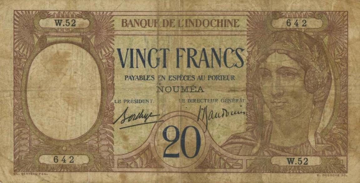 Front of New Caledonia p37b: 20 Francs from 1929