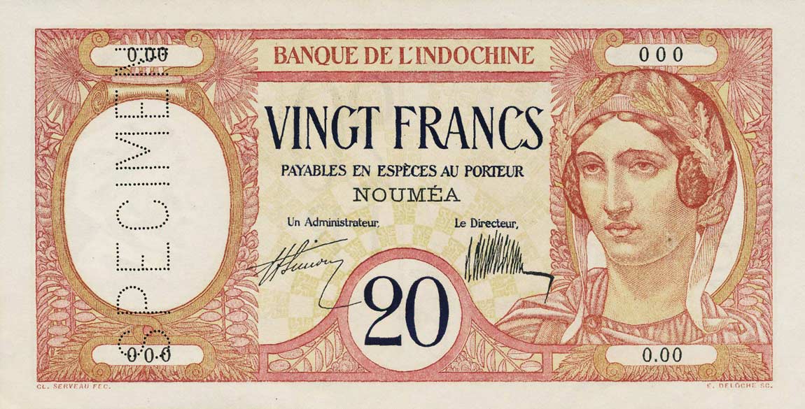 Front of New Caledonia p37s: 20 Francs from 1929