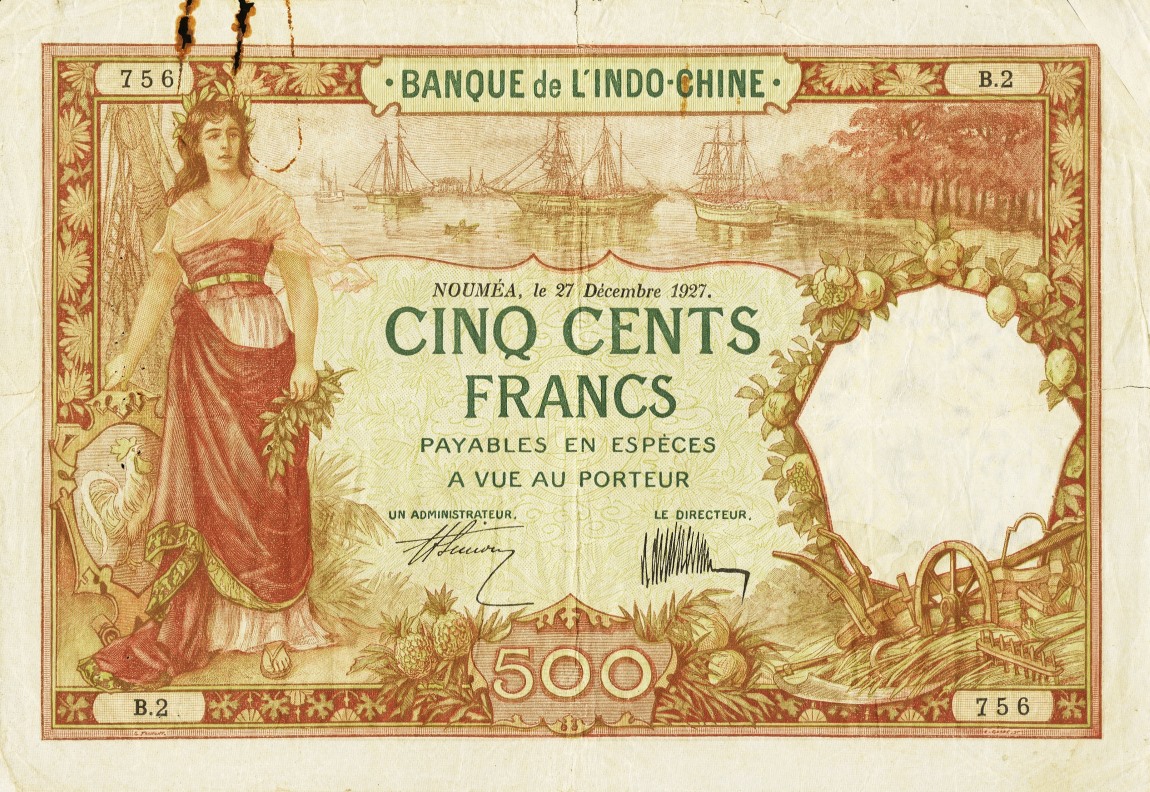 Front of New Caledonia p38: 500 Francs from 1927