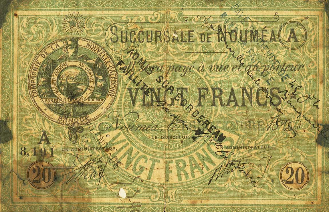 Front of New Caledonia p3: 20 Francs from 1874