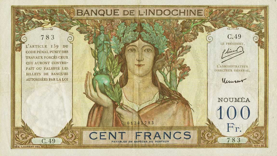Front of New Caledonia p42c: 100 Francs from 1953