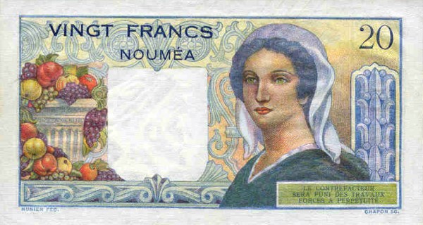Back of New Caledonia p50b: 20 Francs from 1954