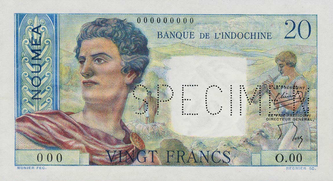 Front of New Caledonia p50s: 20 Francs from 1951