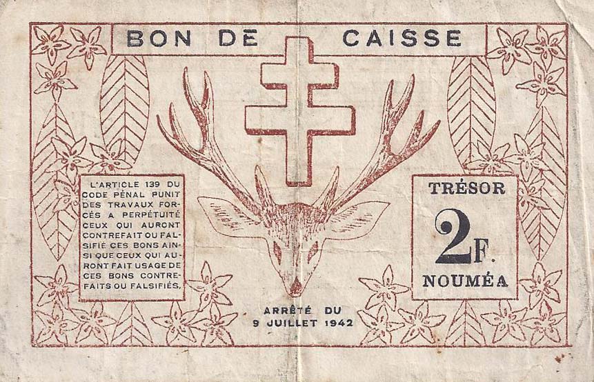 Back of New Caledonia p53: 2 Francs from 1942