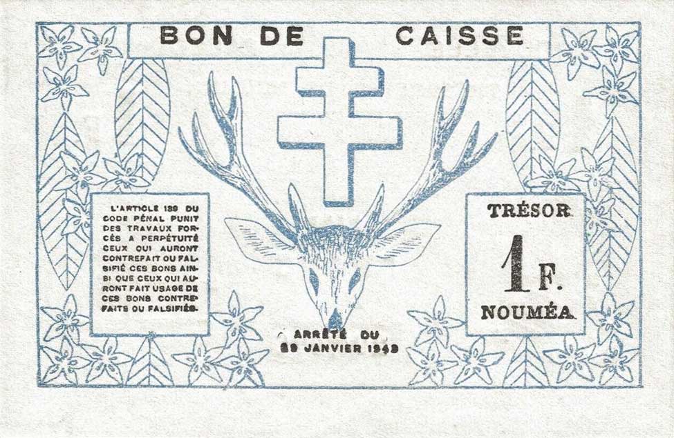 Back of New Caledonia p55a: 1 Franc from 1943