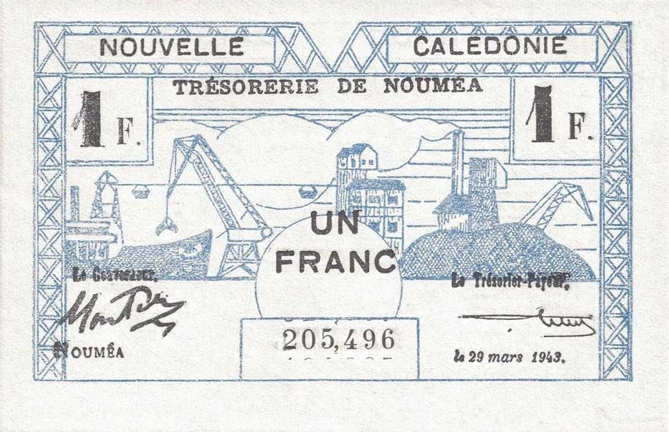 Front of New Caledonia p55a: 1 Franc from 1943