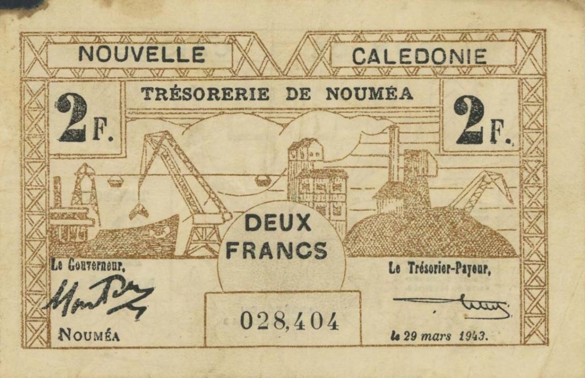 Front of New Caledonia p56b: 2 Francs from 1943
