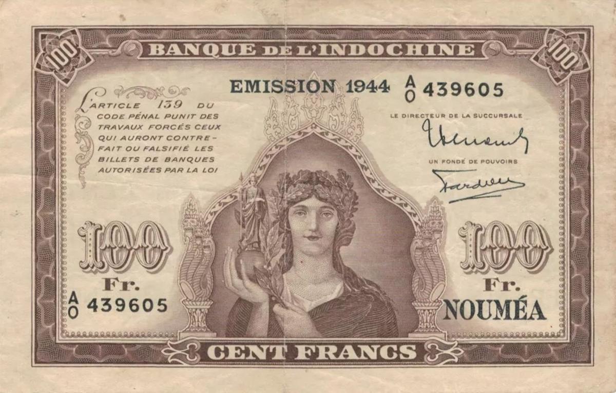 Front of New Caledonia p46b: 100 Francs from 1944