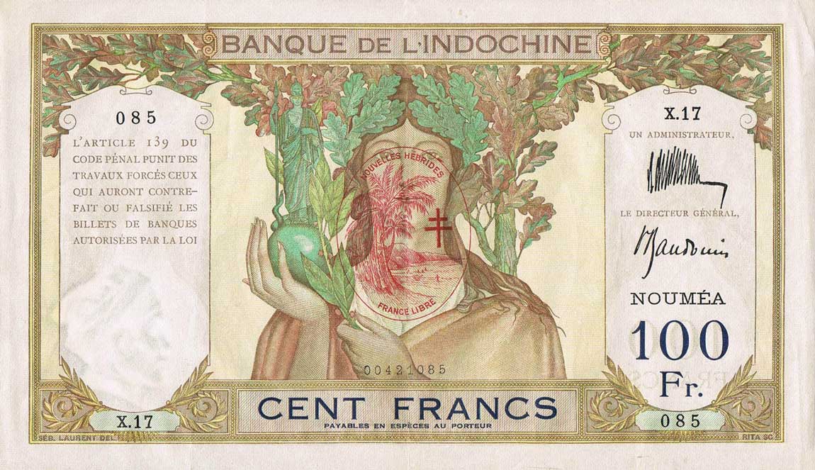 Front of New Hebrides p10A: 100 Francs from 1945