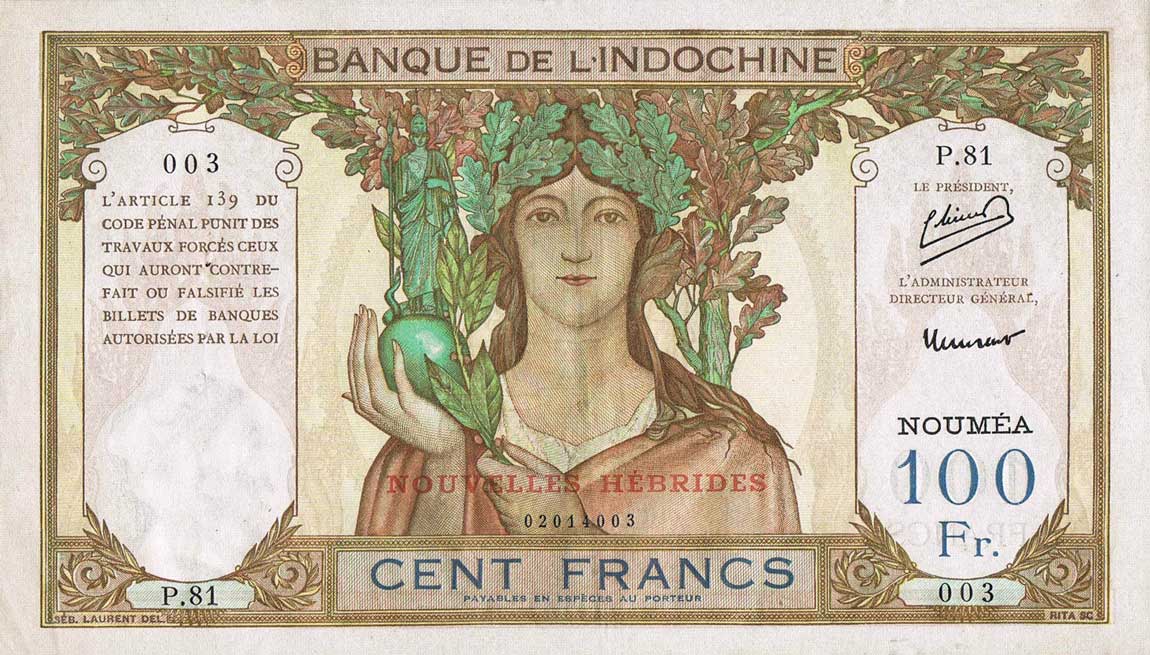 Front of New Hebrides p10b: 100 Francs from 1941