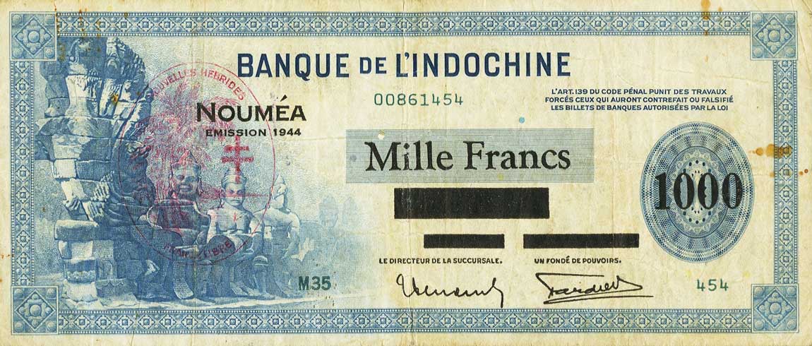 Front of New Hebrides p13: 1000 Francs from 1945