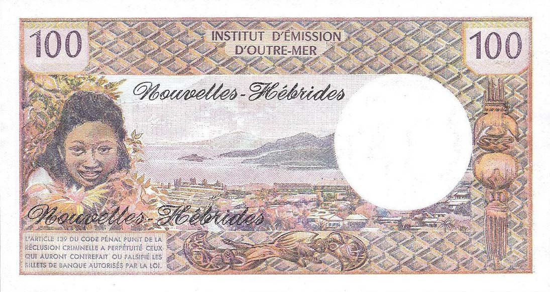 Back of New Hebrides p18c: 100 Francs from 1975