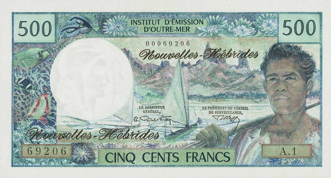 Front of New Hebrides p19a: 500 Francs from 1970